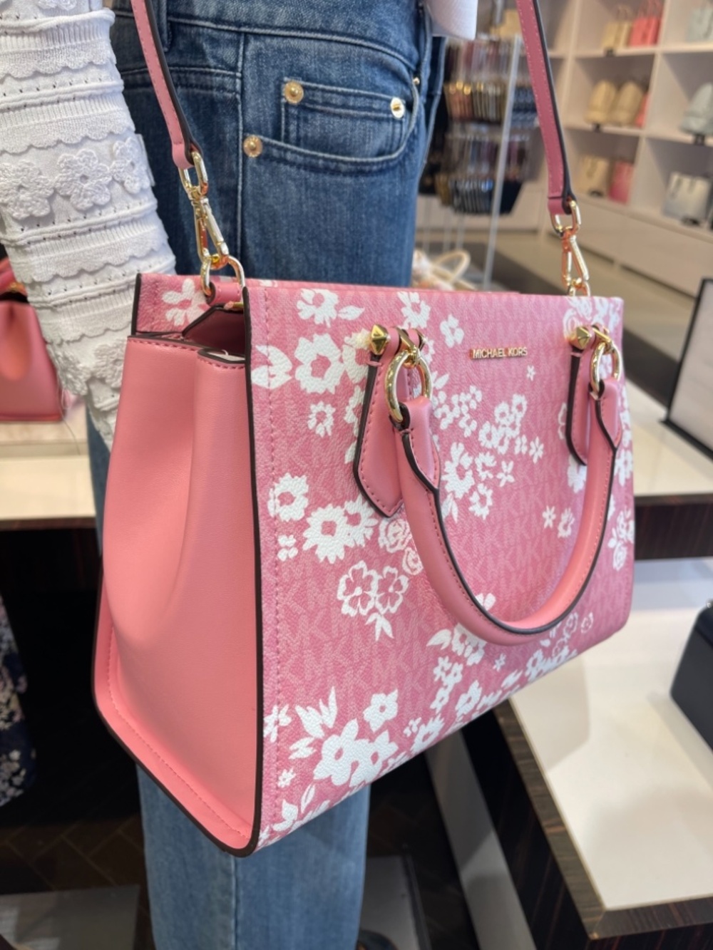 MICHAEL KORS Marilyn Medium Printed Signature Logo Satchel Crossbody Carnation - Picture 16 of 16